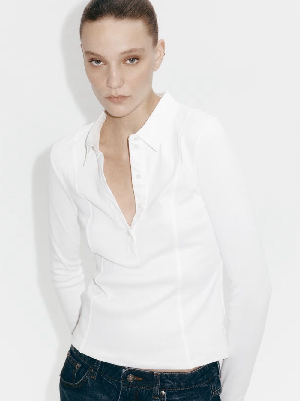 H&M XL White Fitted Collared Long Sleeve Cotton Polo Shirt